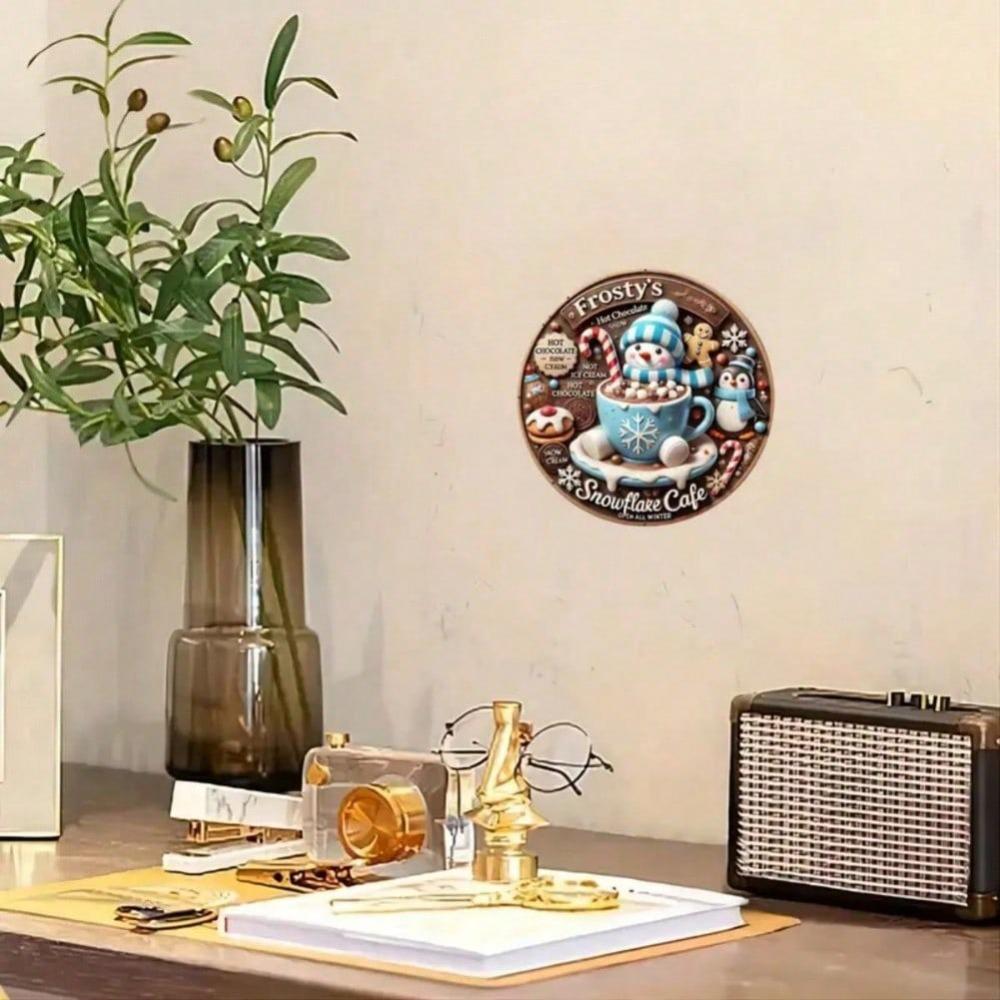 Winter Joy Cafe Metal Wall Art Frosty Snowflake Round Sign Home Decor Gift