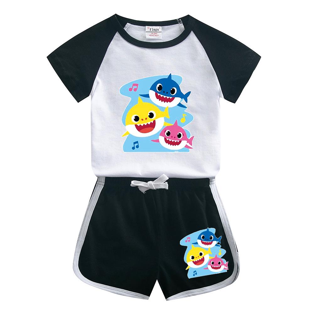 Kids' Baby Shark Summer Set 2024: Pure Cotton Cartoon T-Shirt & Shorts, Two-Piece Set