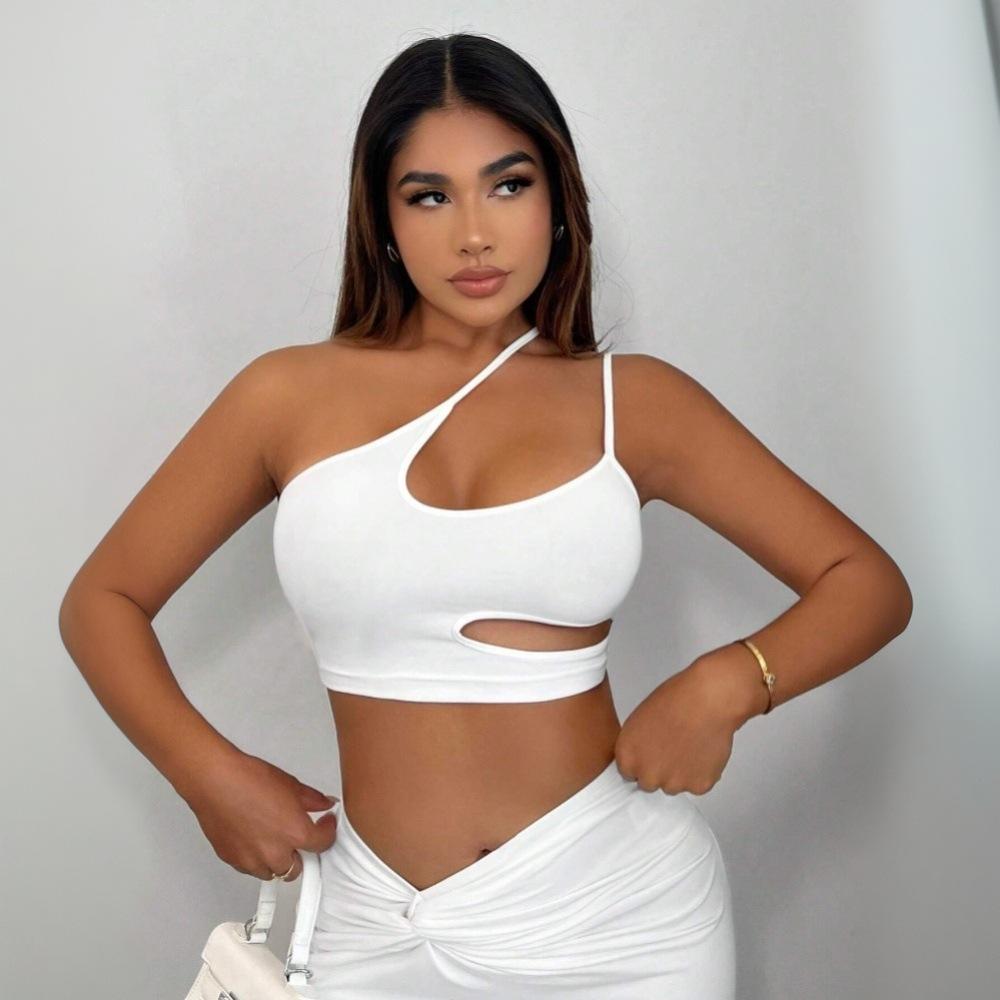 Spring and summer new women's clothing European and American sexy T-shirt diagonal collar unilateral suspender super short top
