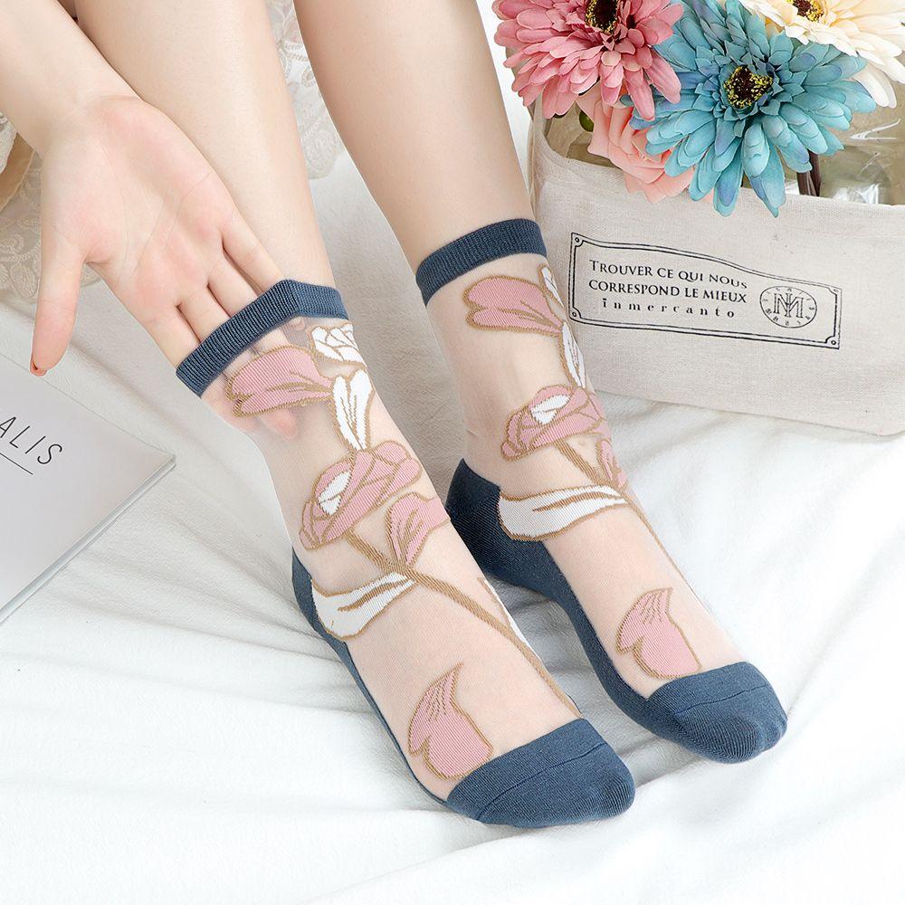 3 Pairs Women's Thin Summer Stockings Transparent Crystal Silk Long Tube Wear-resistant Cotton Sole Anti Slip Retro Ice Stockings