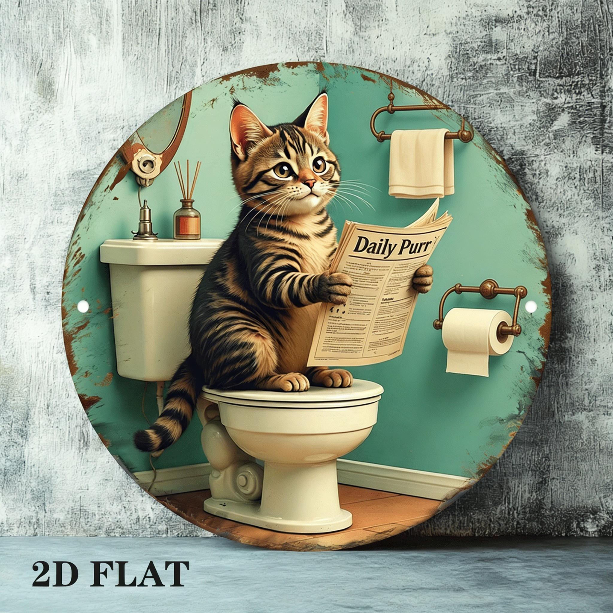 Taking a Break Funny Cat on Toilet Metal Sign Humorous Bathroom Wall Decor 20x20cm(8x8inch)