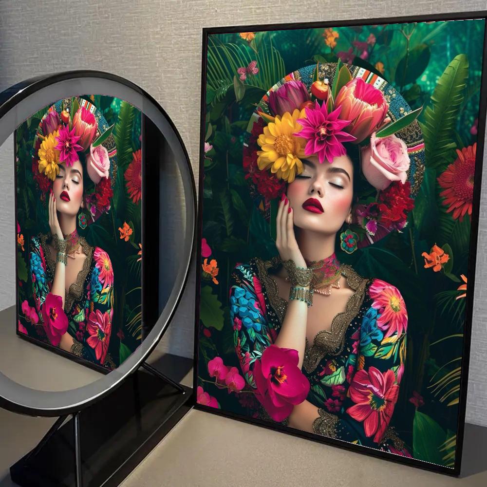 Nordic Bohemian Glasses Woman with Flowers Canvas Poster Bird Woman Portrait Wall Art Prints for Living Room Bedroom Home Decor