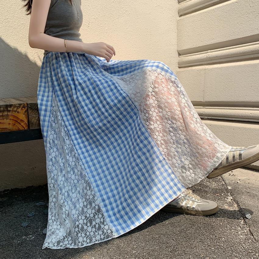 Plaid Lace Skirt for Women In Summer Korean Style Slim Design A-line Long Skirt
