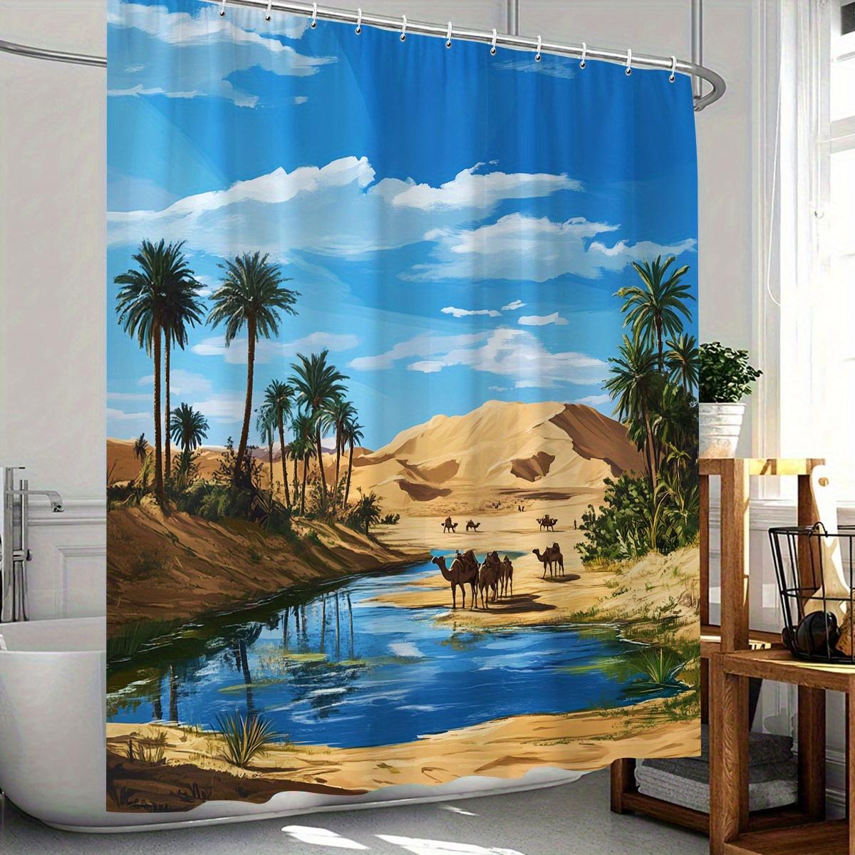 Open 1pcs Desert Oasis Theme Digital Printed Shower Curtain, Polyester Fabric Shower Curtain, Bathroom Accessories, Home Decor 90X180cm