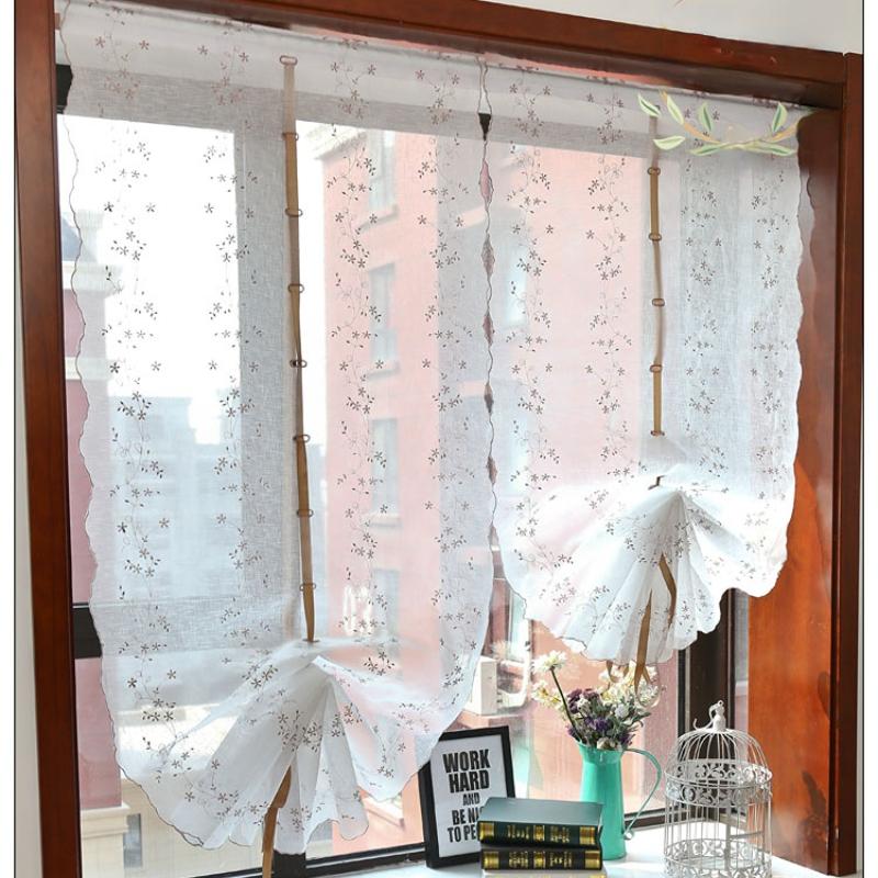 Retro Cotton Linen Lace Embroidered Balloon Pull Up Curtain for Living Room Kitchen Threading Rod Short Window