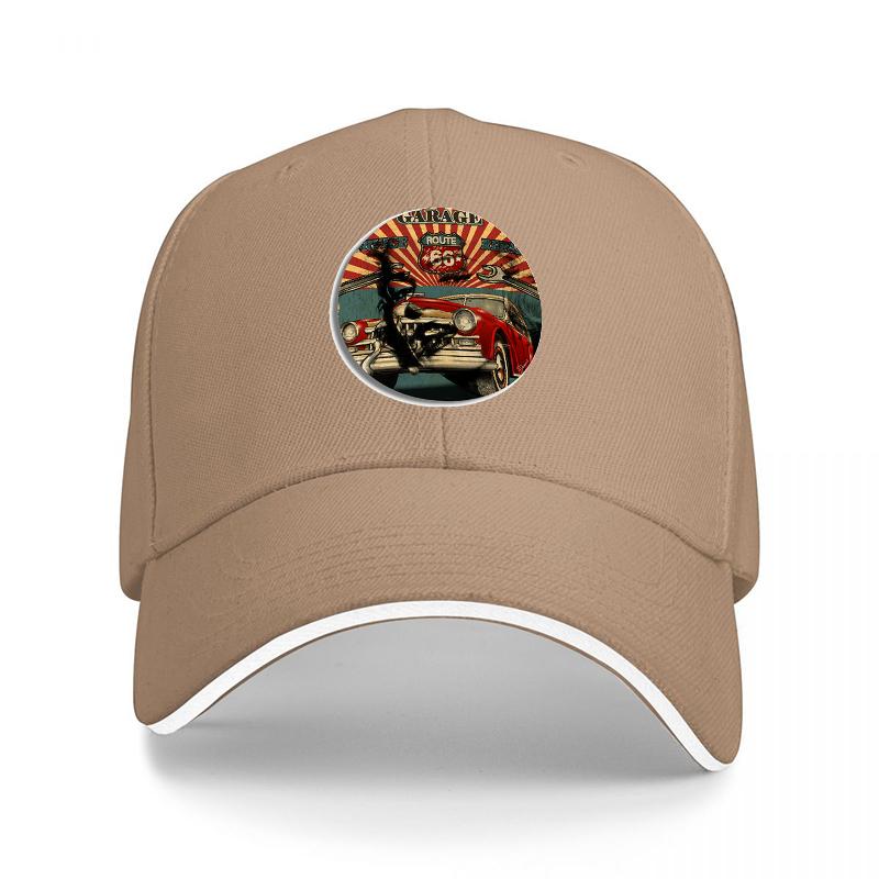 Casquette de baseball rétro avec motif hot rod vintage et soleil sur fond noir, ajustable, unisexe et femme.