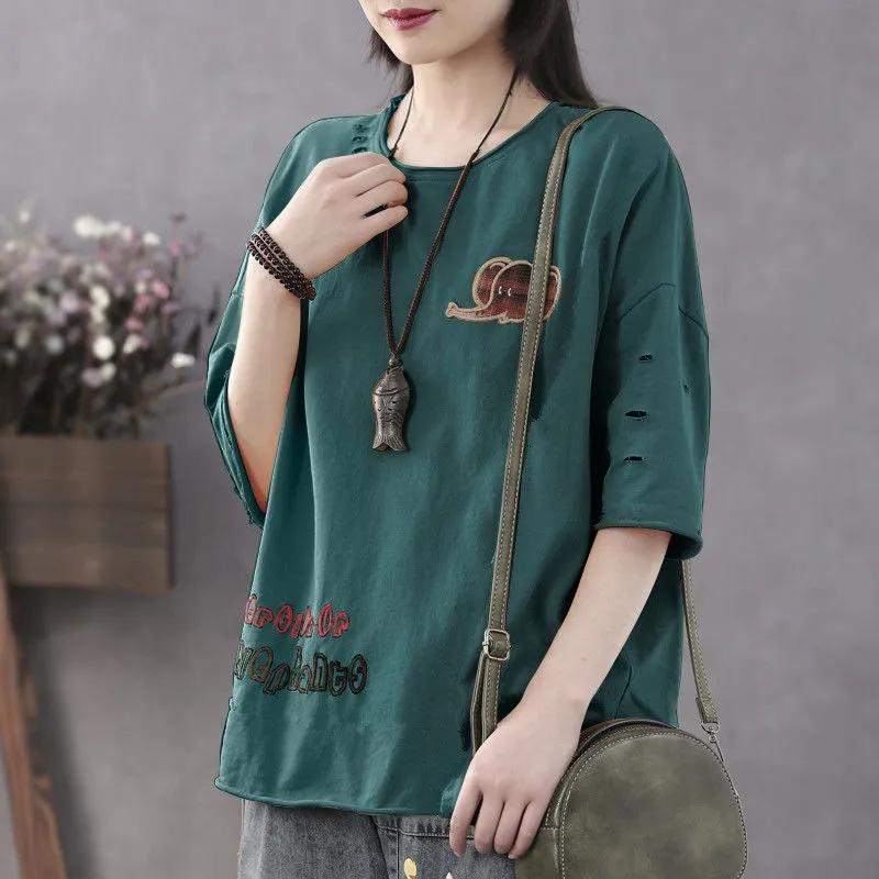 Khaki Loose Round Neck T-shirt Cotton Material Women's Short Sleeved Top Hollow Cuffs Design Retro Literary Style Simple Casual Harajuku Summer