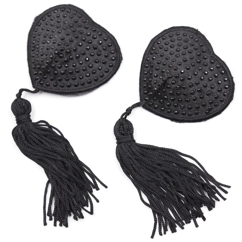 Women Rhinestones Heart Shape Nipple Cover with Tassels Reusable Adhesive Pasties Rave Club Party Breast Pads Sticky Bra