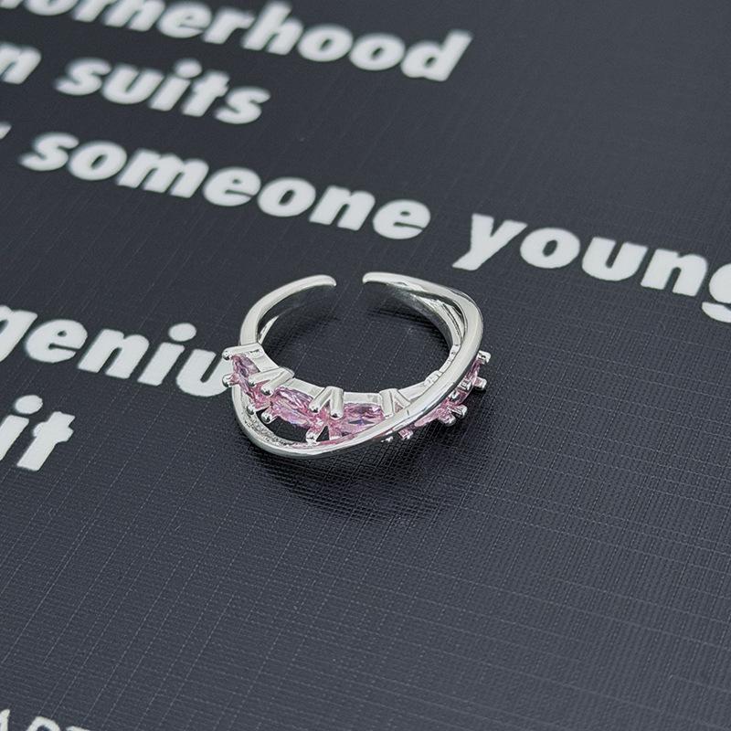 Süßer Mädchenstil Silber-Rosa Diamantenbesetzter Schatz Schleife Stern Krone Offener Ring Nische Stapelring Frau