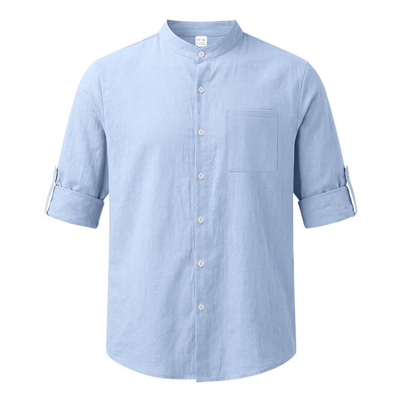 Men Linen‑Blend Button‑Down Shirt Stand Collar Chest Patch Pocket Roll‑Up Sleeve Button Tab Lightweight Breathable Wrinkle‑Resistant Casual Beach Top