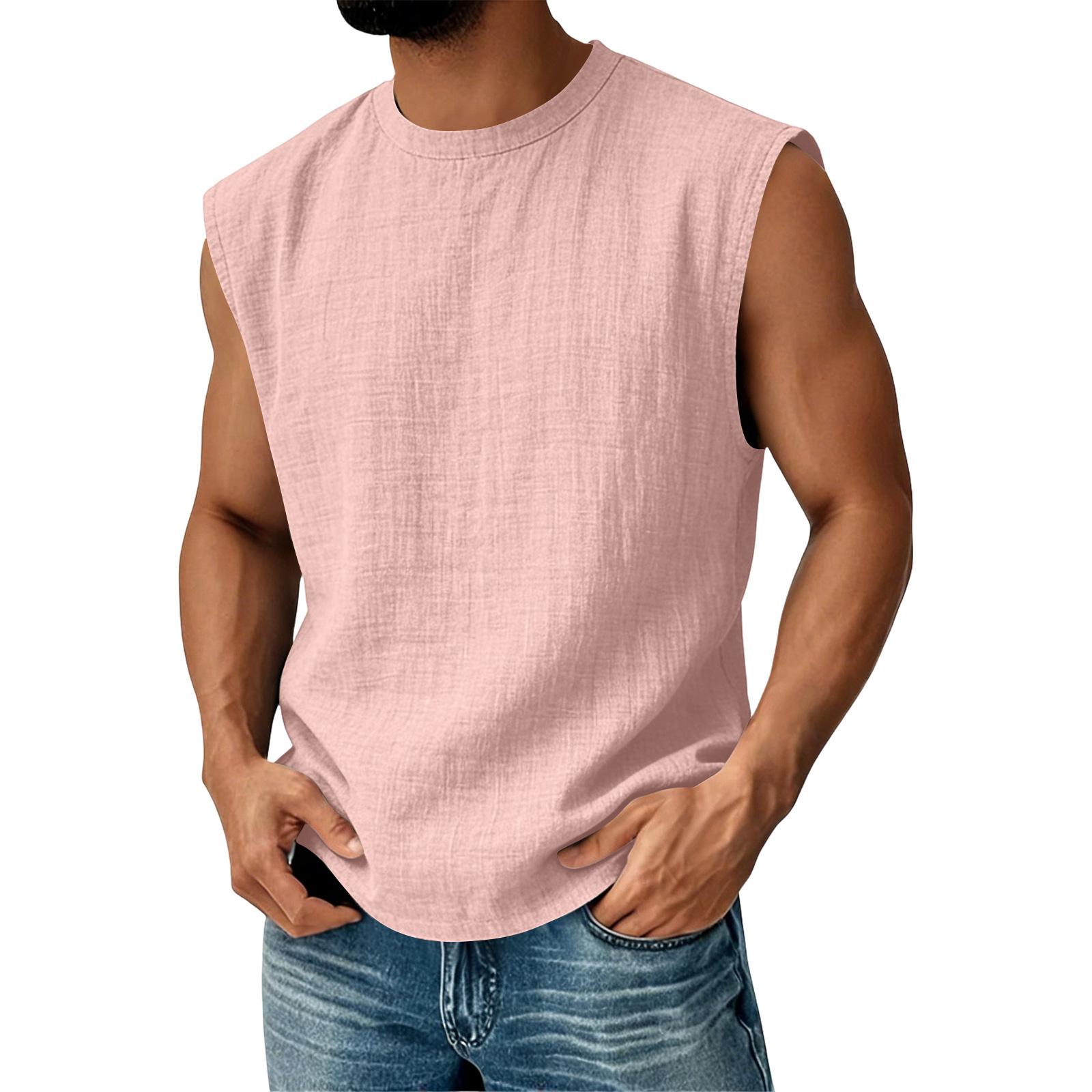 

Men’s Sleeveless Crew Neck Relaxed Fit Linen Tank Top Casual Lightweight Summer Shirt XXXL рожевий