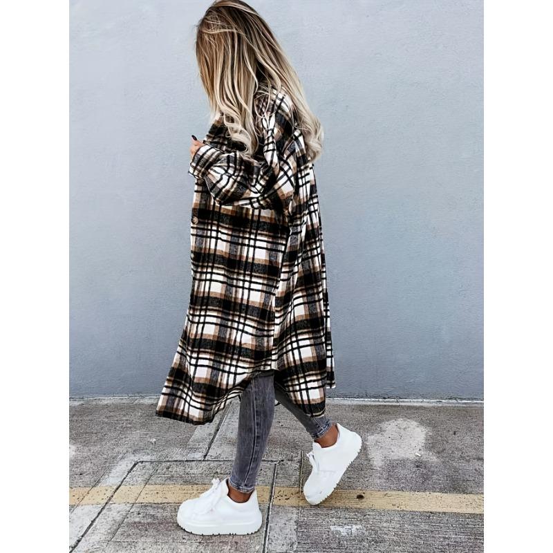 Stylish Plaid Print Womens Long Jacket - Relaxed Casual Button Front with Flap Pockets - Durable Outerwear for Everyday Fashion