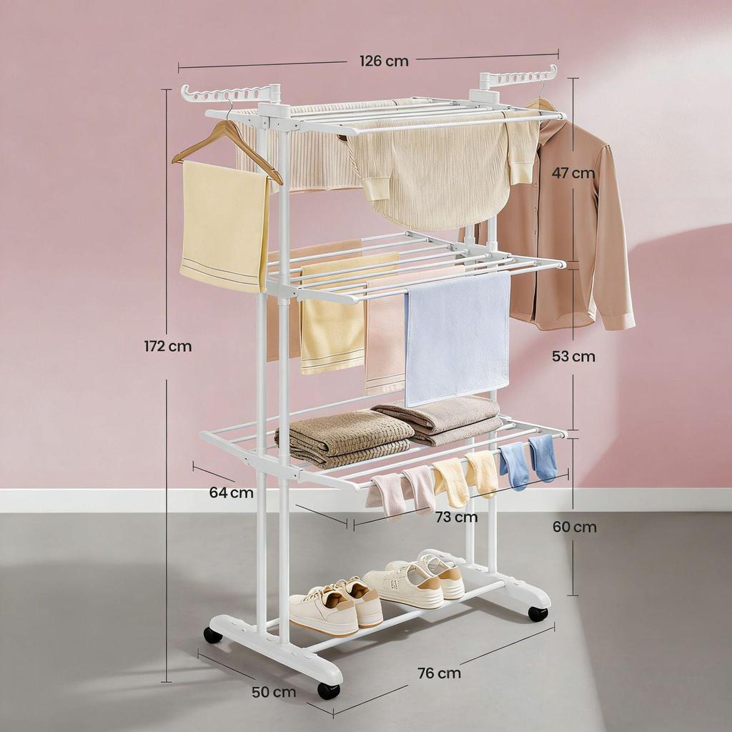Movable 4-Layer Floor-Standing Folding Drying Rack with Wheels for Indoor and Balcony Use