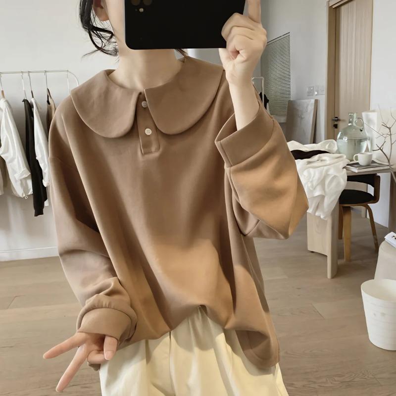 Baby Doll Collar Sweatshirt Jacket Women's New Autumn Loose French Solid Color Button Stitching Versatile Pullover Top