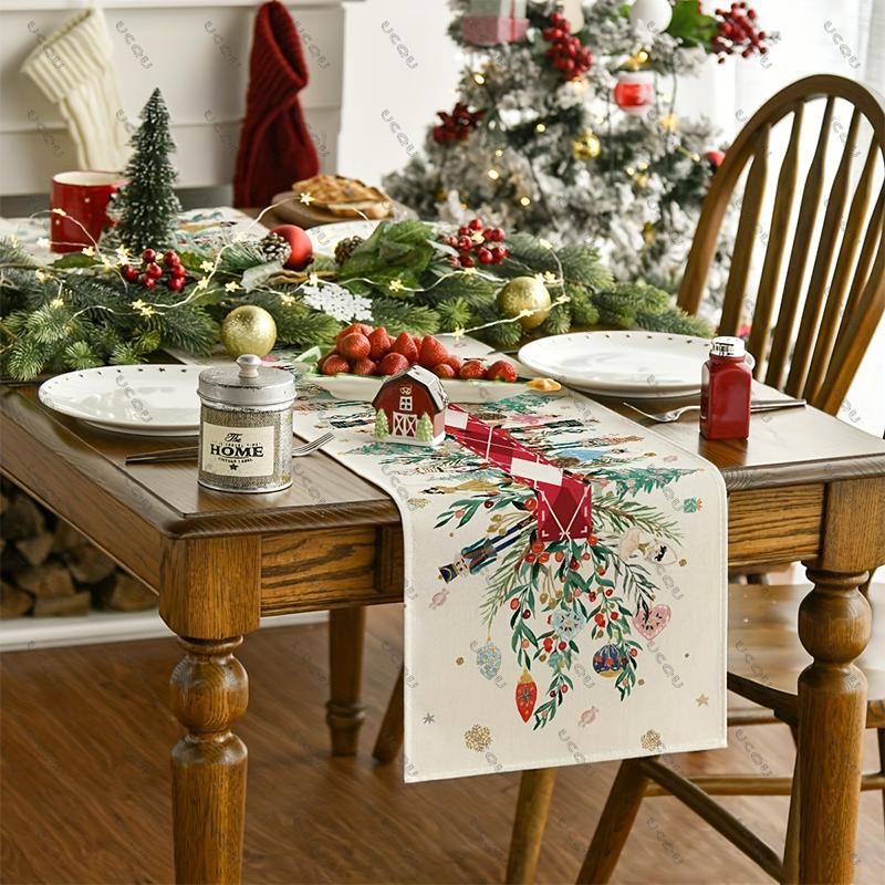 N-Nutcracker & Holly Festive Christmas Table Runner Decorative Cloth Flag Family Party Gift Xmas Home Holiday Dining Kitchen New