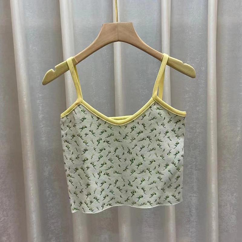 Francuski dekolt w serek Wąski Krótki Top Kobieta Słodki Kwiat Dzianinowy Podkoszulek Kobieta