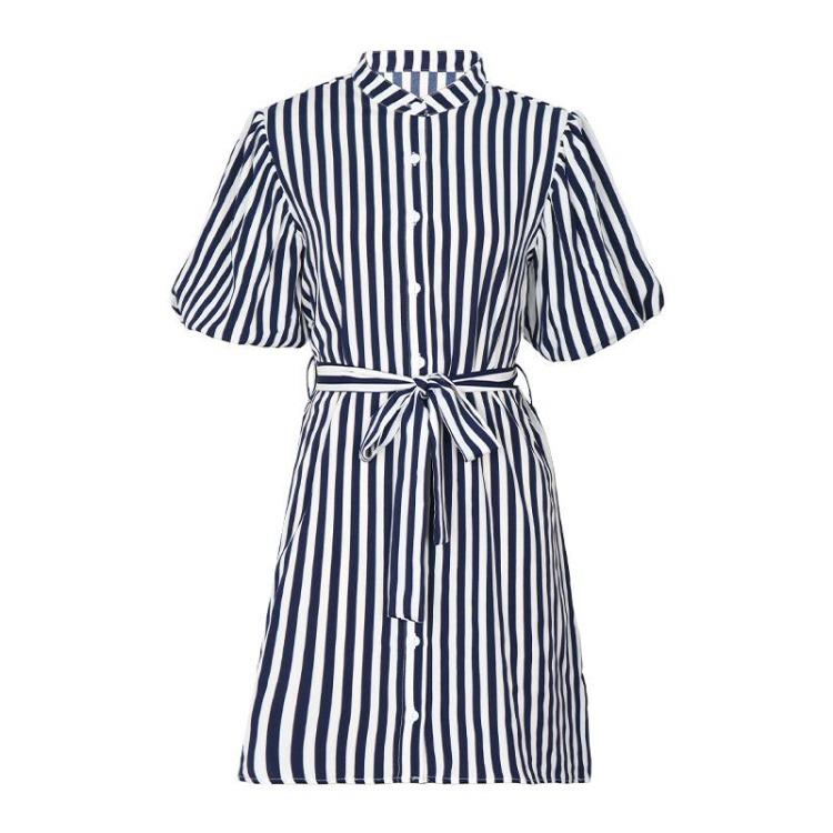 Women's Striped Shirt Dress Stand Collar Lotus Leaf Sleeve