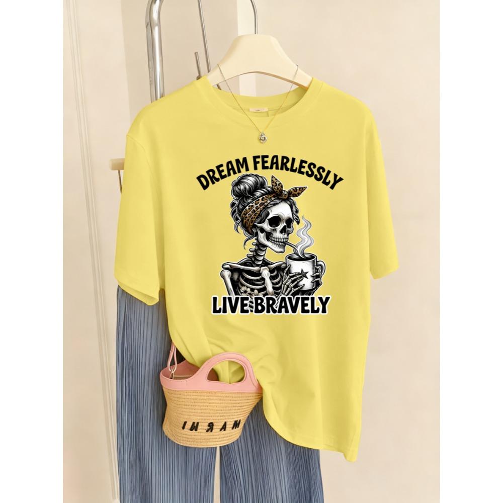 Dream Fearlessly Drink Skulls Print Women T-Shirt Breathable Jogging Short Sleeve Casual Y2K Streetwear  Shirt