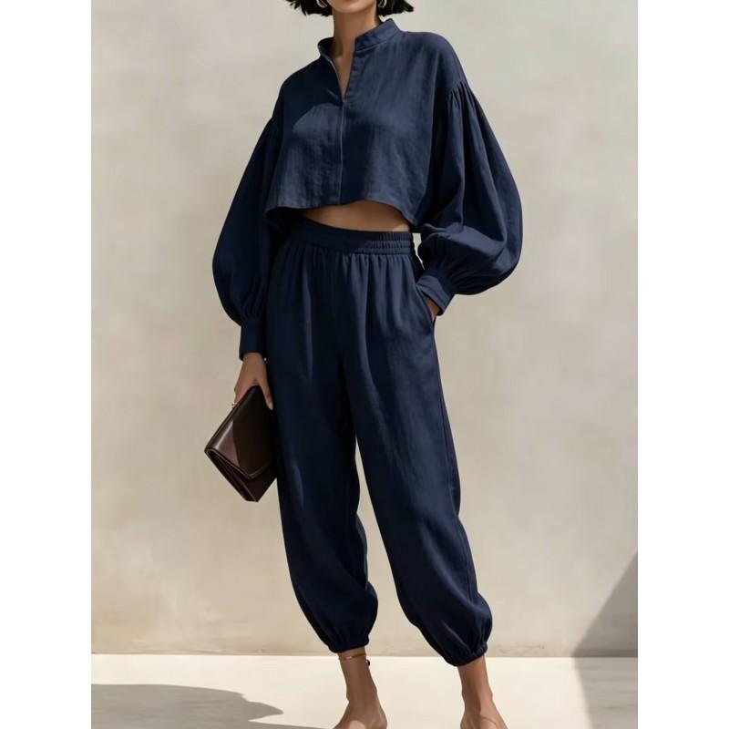 2026 Womens Relaxed Linen Cotton Short Top Elastic Waist Lantern Pants Set Casual Outfit