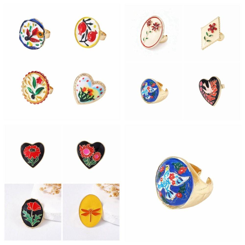 Pomegranate Printing Enamel Flower Ethnic Style Ring Irregular Rotundity Heart-shaped Vintage Metal Geometric Ring Colorful