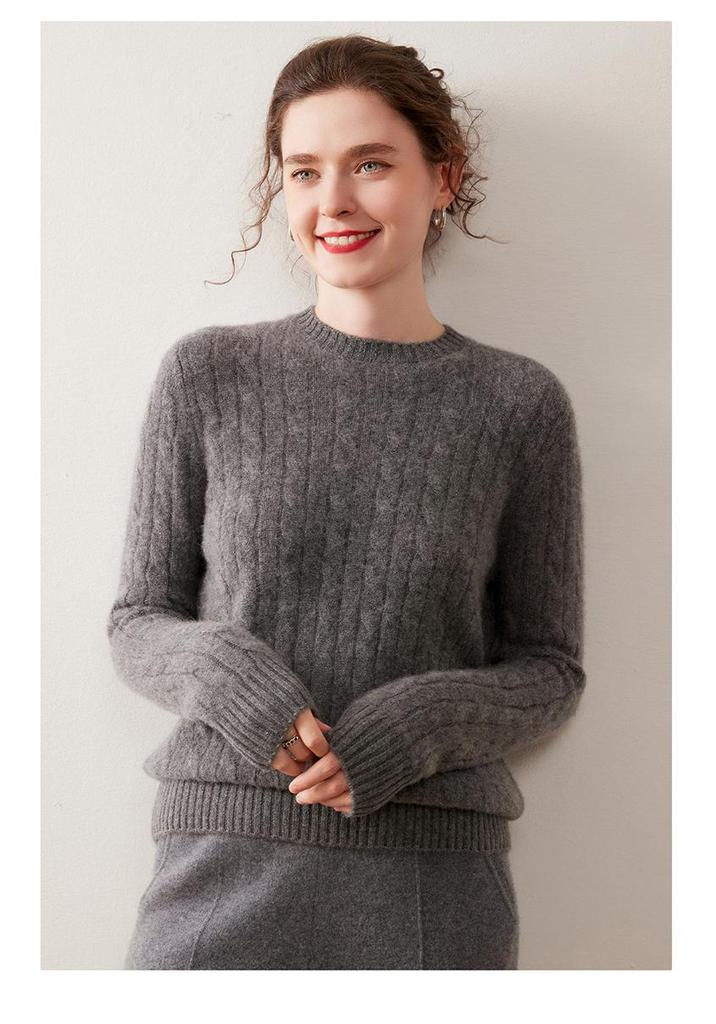 Women's Seven-Stitch Round Neck Cashmere Sweater - Solid Color Pullover, Elegant & Casual Long Sleeve Warm Base Layer