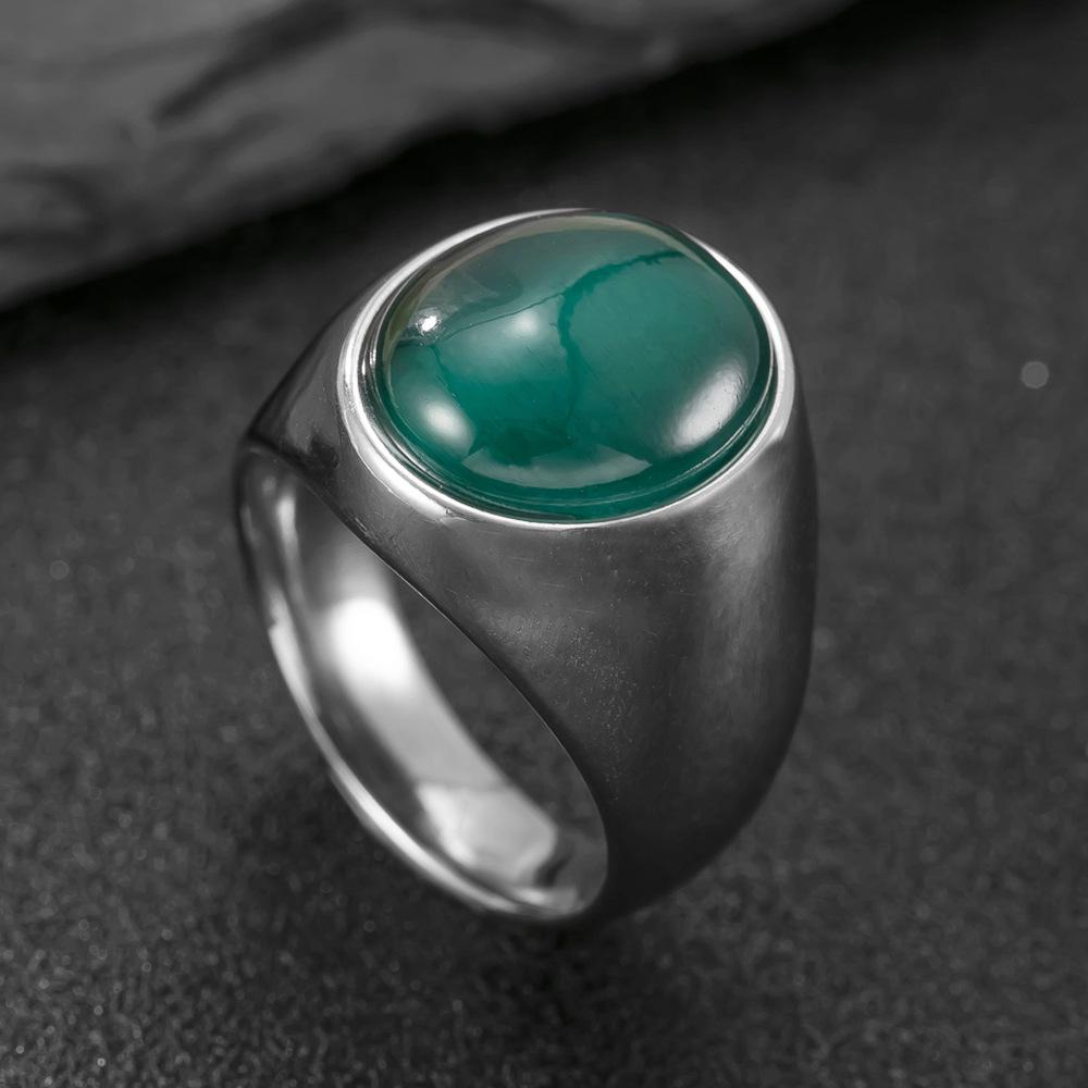 European & American Luxury Stainless Steel Oval Natural Stone Couple Ring