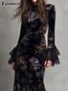 Vintage Floral Ruched Slim Fit Velvet Cheongsam Dress Long Sleeve Autumn Winter Formal Gown