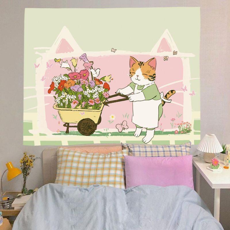 Cute Fireworks Tapestry Wall Hanging Wishing Girl and Black Cat Colorful Party Aesthetic Wall Art Bedroom Dorm Decor