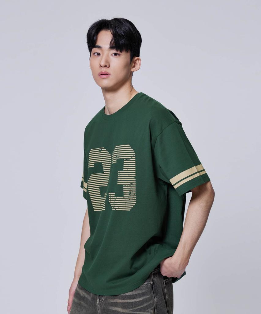 AGOD Übergroßes Vintage Rugby Kurzarm-T-Shirt [Tiefgrün]