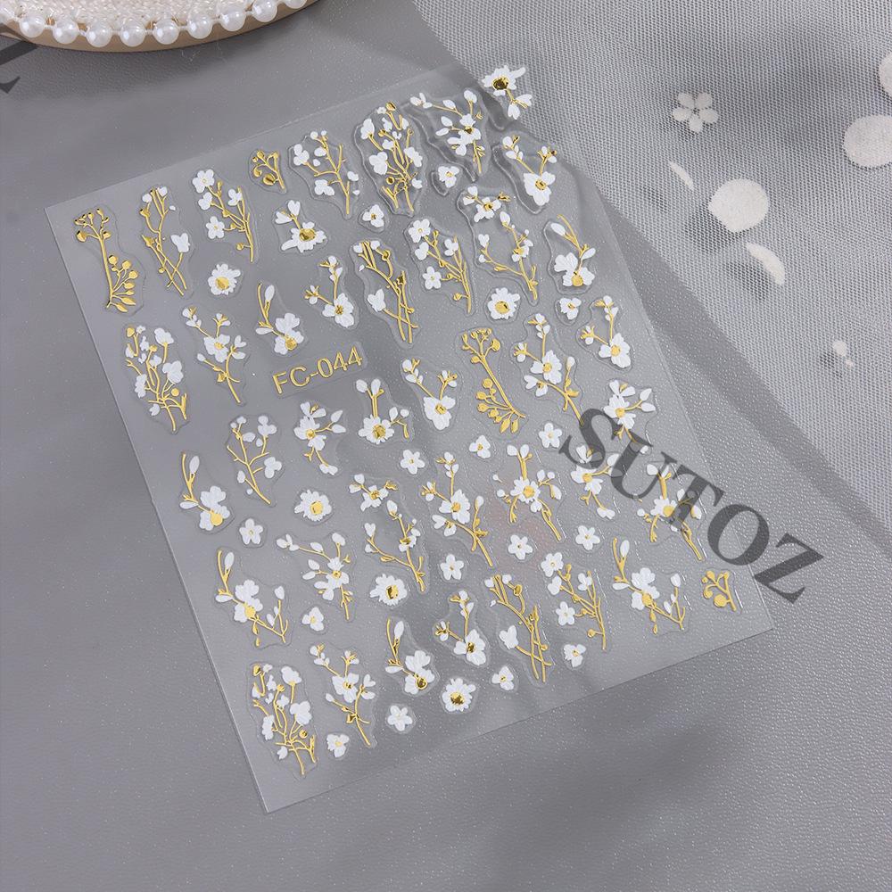 2026 Gold Foil Spring Floral Nail Art Stickers - Small White Flowers & Plant Branches