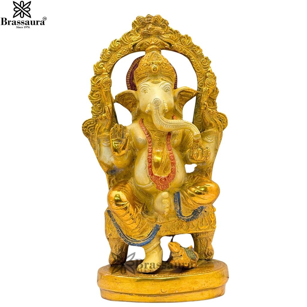 Pure Brass White & Gold Patina Ganesha Idol, Ganpati Bappa Statue - 9.5 Inch