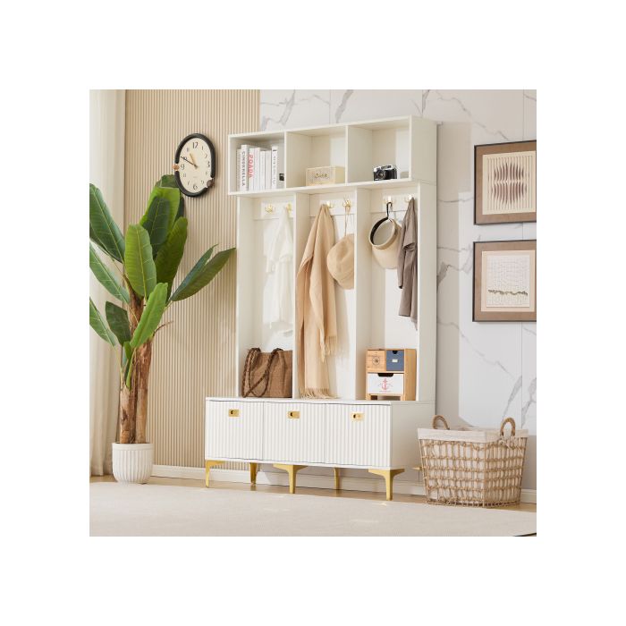 Meuble D’entrée - MUVOE - Ensemble Vestiaire Avec Banc - 6 Crochets - Blanc - Design Contemporain