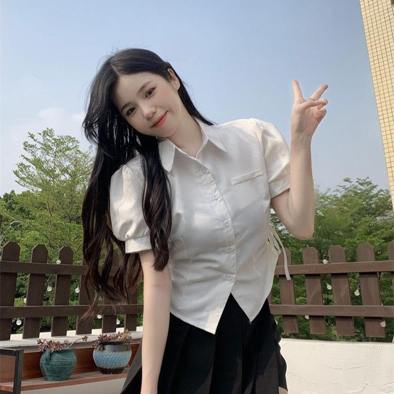 White JK waist shirt women's summer new design sense niche short unique chic short-sleeved top trendy