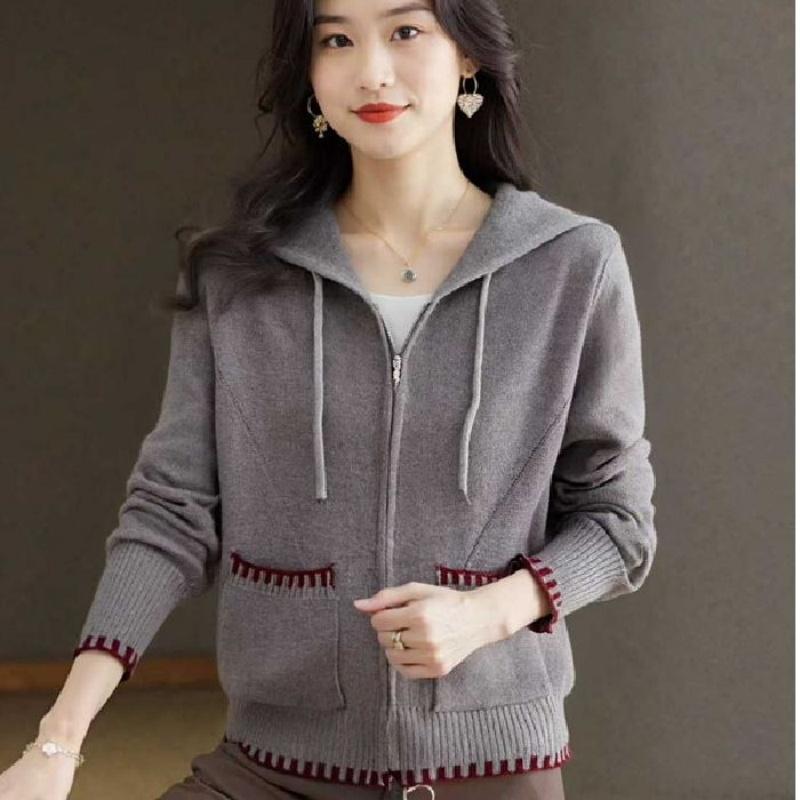 Autumn and Winter New Simple Design Sense Hooded Color Collision Double Zipper Knitted Slim Cardigan Jacket