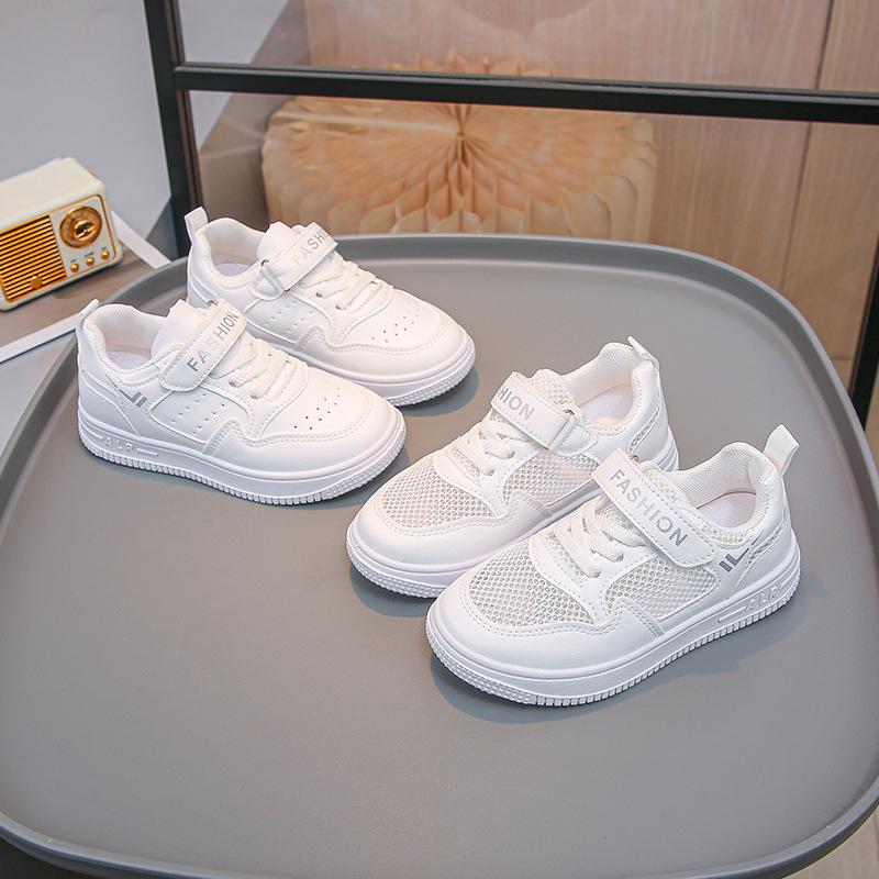 Children's white shoes Student campus summer mesh spring and autumn leather white boys shoes sneakers Girls board shoes
