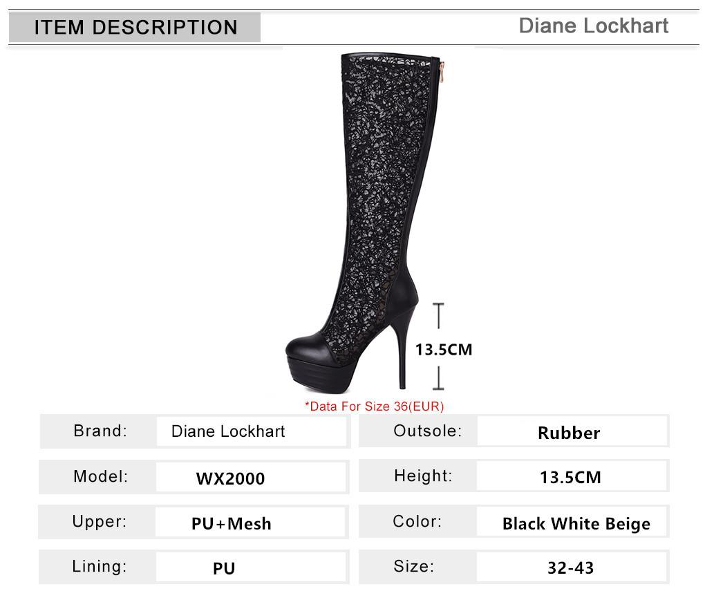 Mode Été Sexy Plateforme Talons Hauts Fins Boîtes de Nuit Découpé Bottes Genou Femme Bout Rond Dentelle Maille Zip Chaussures Sandales Blanc Noir