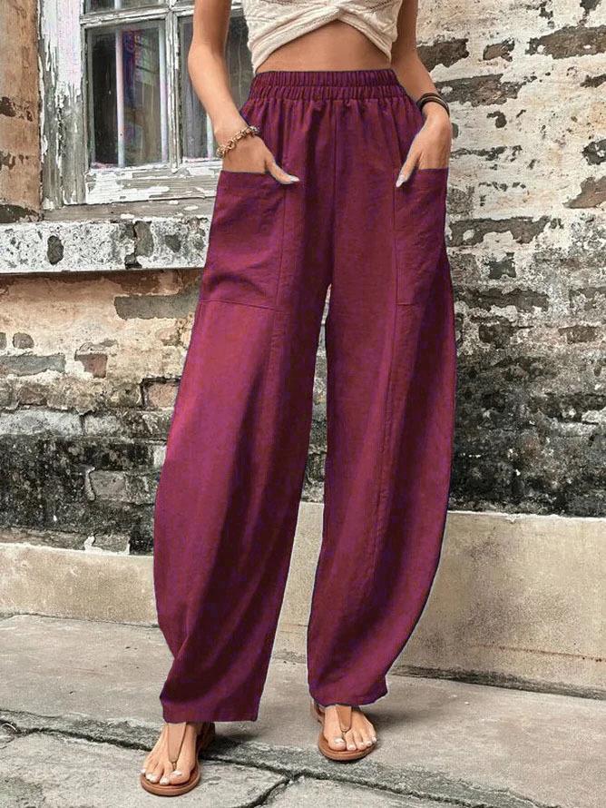 Women's Solid Color Casual Pants with Pockets and Elastic Waist.