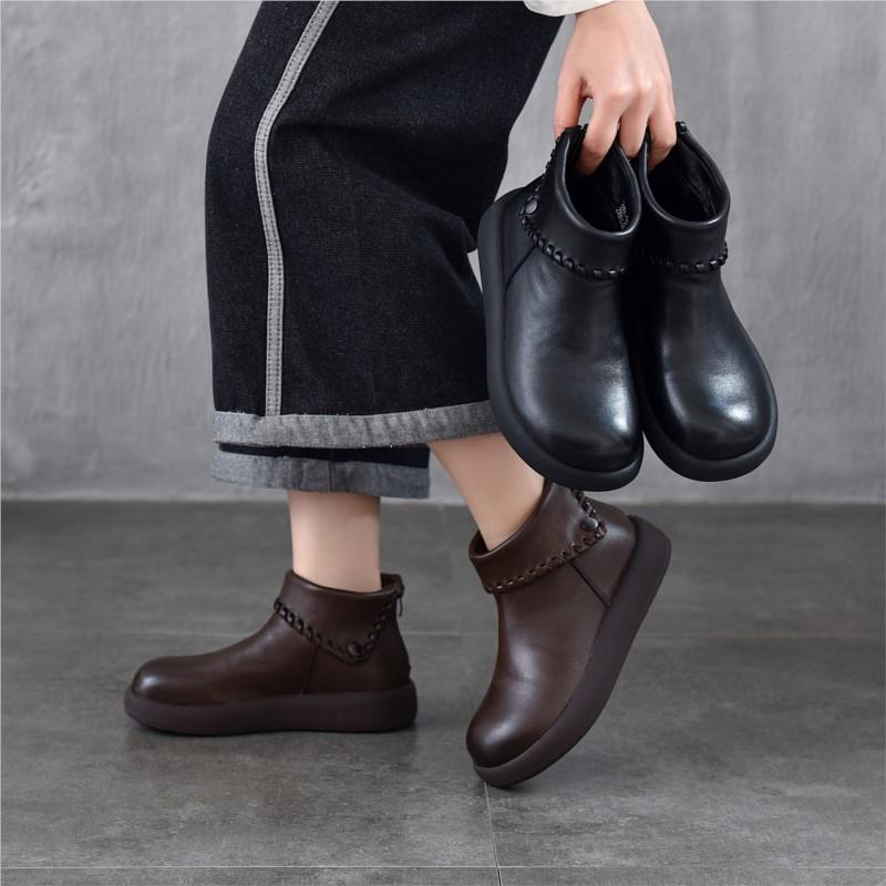 Johnature Turned-over Edge Plush Warm Cotton Shoes Genuine Leather Anti Slip Women's Ankle Boots