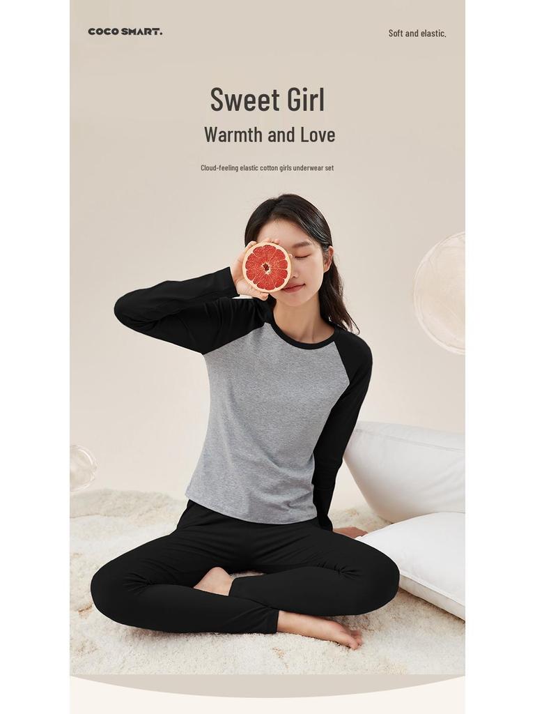 Girls' Cotton Color Block Thermal Set - Slim Fit Long Johns & Undershirt for Teens