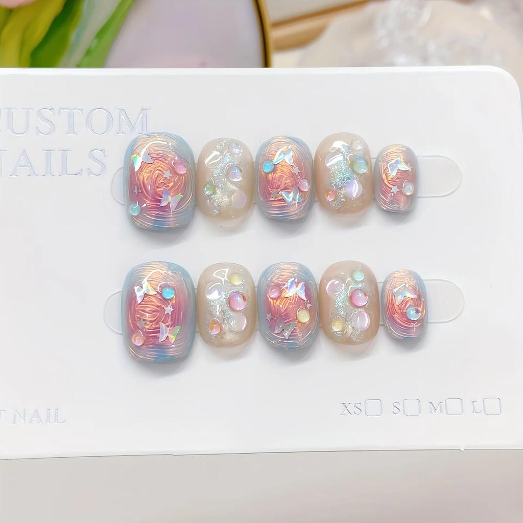 10 Pcs Handmade Ice Blue Ocean Star Short Oval Press On Nails Transparent Texture Reusable False Nails For Women