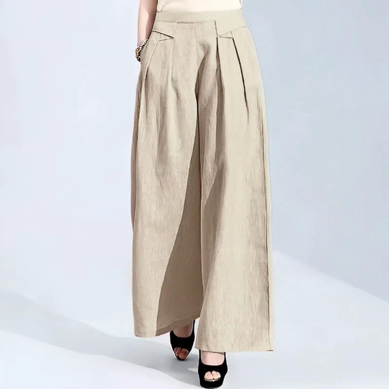 

Women s Spring 2026 High-Waisted Wide-Leg Linen Pants - Plus Size, Solid Color, Loose Fit, Straight Long Drape. Short (Length 90, fits height below 158 cm) абрикосовый