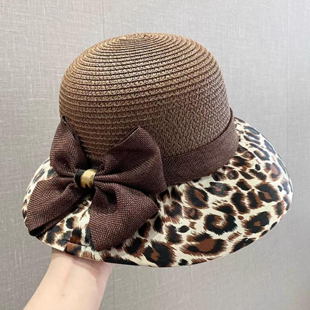 

Leopard Print Bow Straw Hat UV Protection Wide Brim Women s Sun Hat Lightweight Korean Style Fisherman s Hat Summer Outdoor кофейный