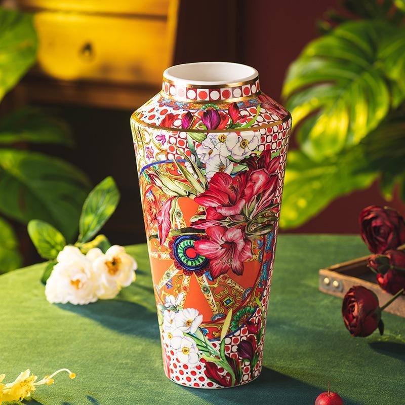 Flowering vase ceramic home ornament living room flower arrangement high value retro new home vase large Chinese style