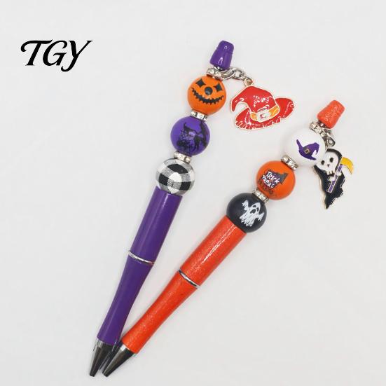 Handmade Wooden Writing Pens 6PCS Halloween Beadable Pen Kit, DIY Ballpoint with Pumpkin Witch Unique Ghost Theme Beads, Creative Smooth for