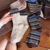 Retro Color Blocking Stripe Socks For Women Winter Warm Middle Tube Socks Korean Girl Soft Thicken Home Sock