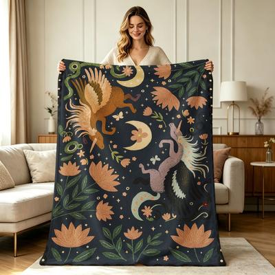 All Season Soft Flannel Throw Blanket with Mystical Winged Unicorn Floral Moon Star Night Sky Print for Couch Sofa Chair Bedroom Living Room Office Wa