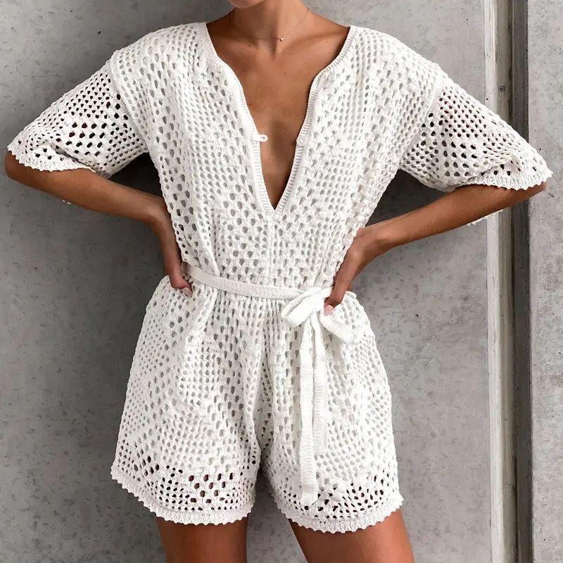 

European and American V-neck Solid Hollow One-Piece Shorts Waist Hugging Women Leisure Set Women Hollow Jumpsuit White XXL