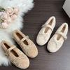 Fashion Women Plush Mary Jane's Shoes Girl Fashion White Sweet Bowknot Fur Pumps Autumn Winter Sheepskin Leather Luxury Flats