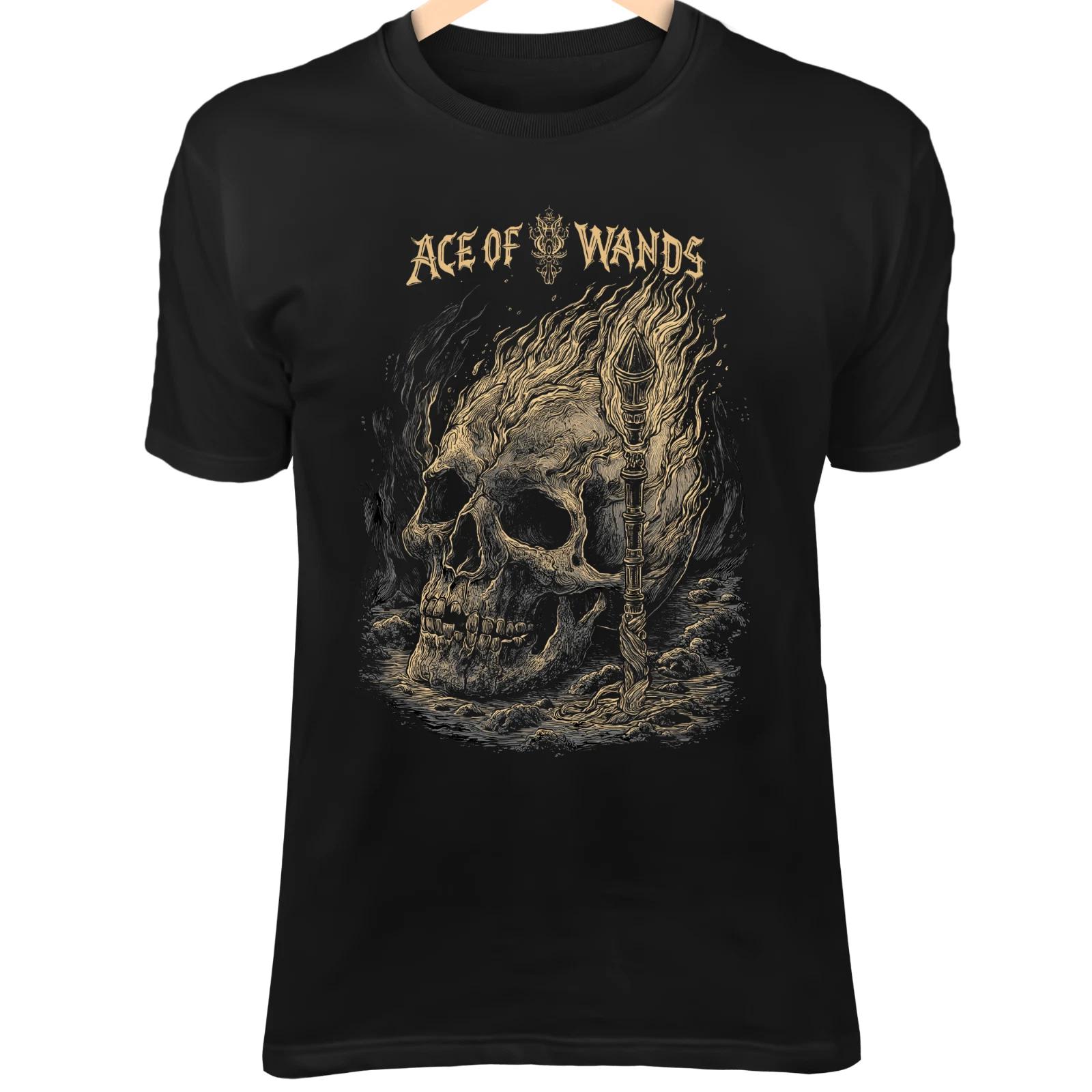 Skull Tarot ACE OF WANDS Shirt - Flaming Bone Wand Rising from Cracked Skull Art XL
