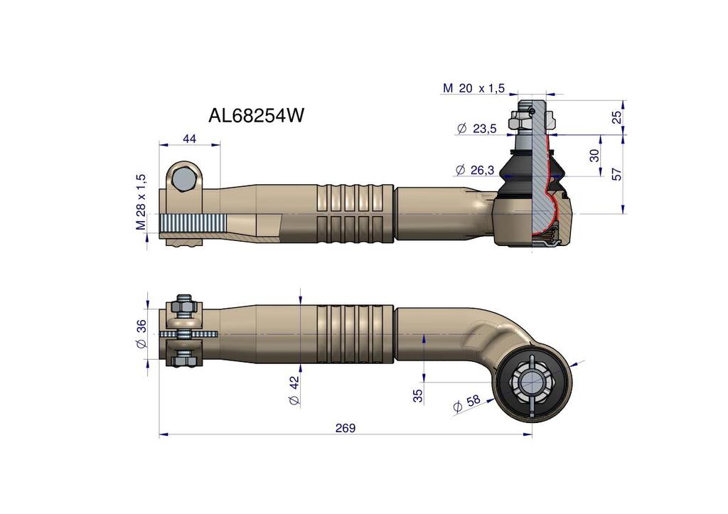 Left Steering Joint 269mm - M28x1.5 AL68254 WARYŃSKI